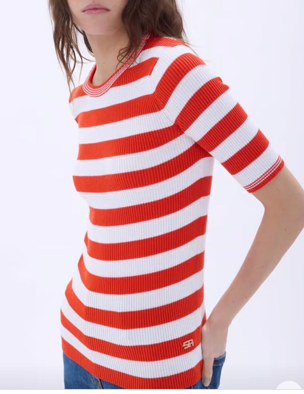 Sonia Rykiel Short Sleeve Stripe Sweater in Tangerine and White Stripe M